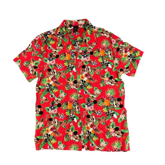 Vintage 90s Disney Mickey Mouse Red Floral Hawaiian Button Down Shirt XL - Picture 1 of 6